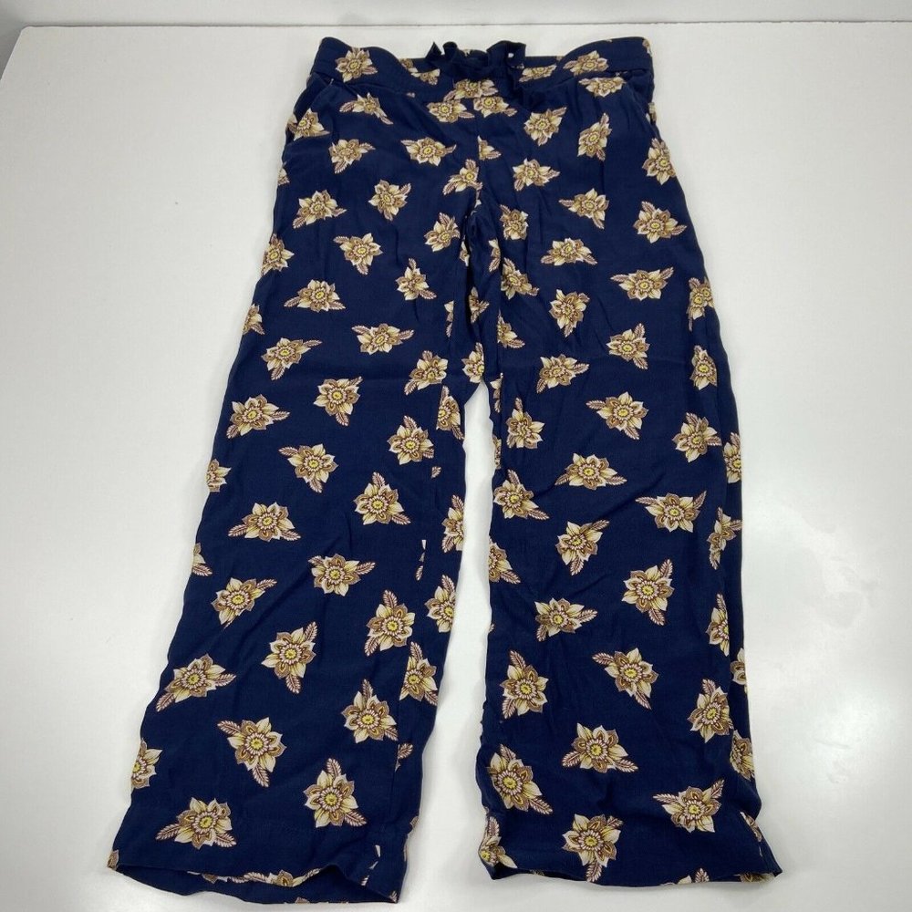 Ann Taylor Loft Navy Blue Sunflower Print Pants Size M Elastic Waist